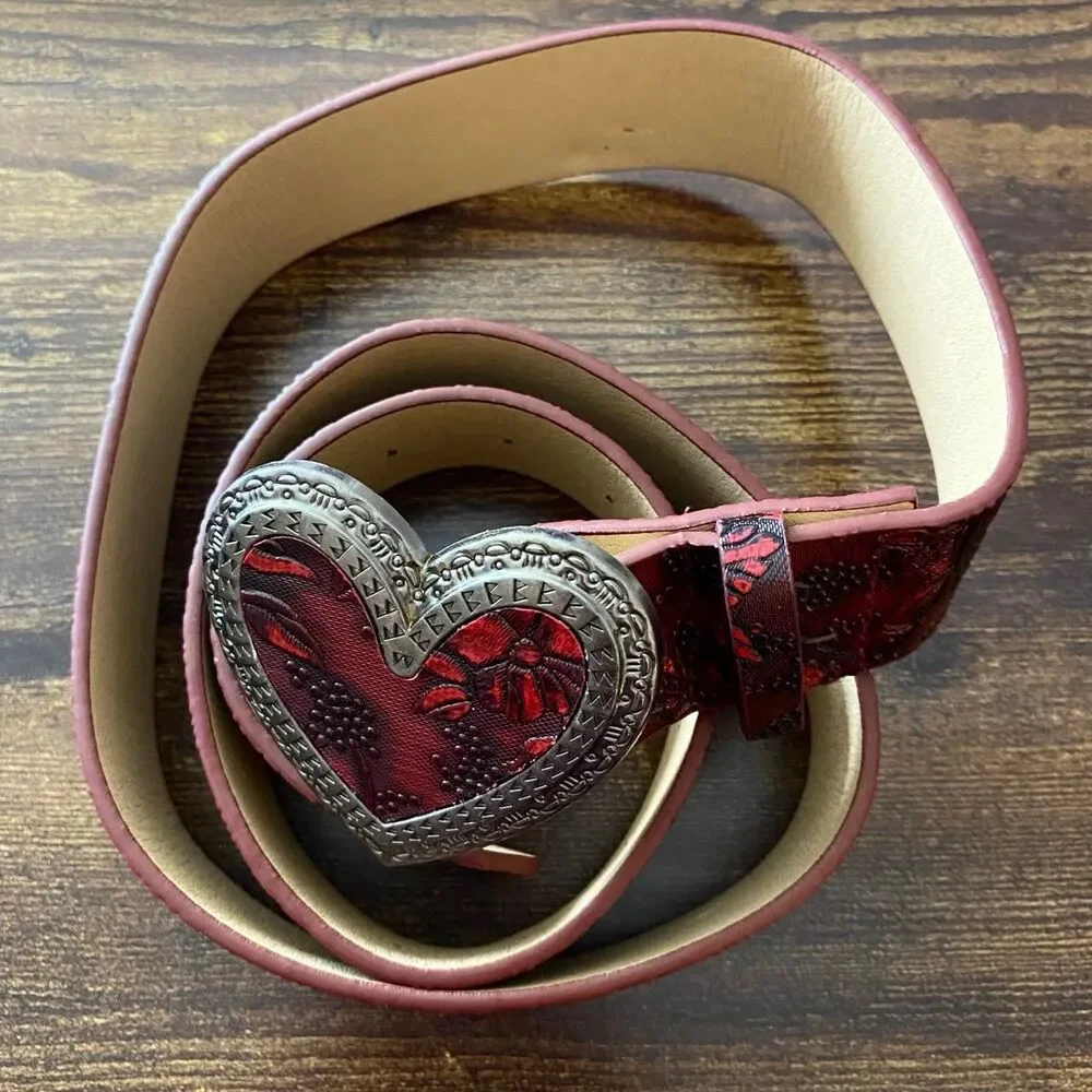 Red Floral Embossed Heart Buckle Western Y2K Belt, Fits 33-43 Inches, X7GA1288
